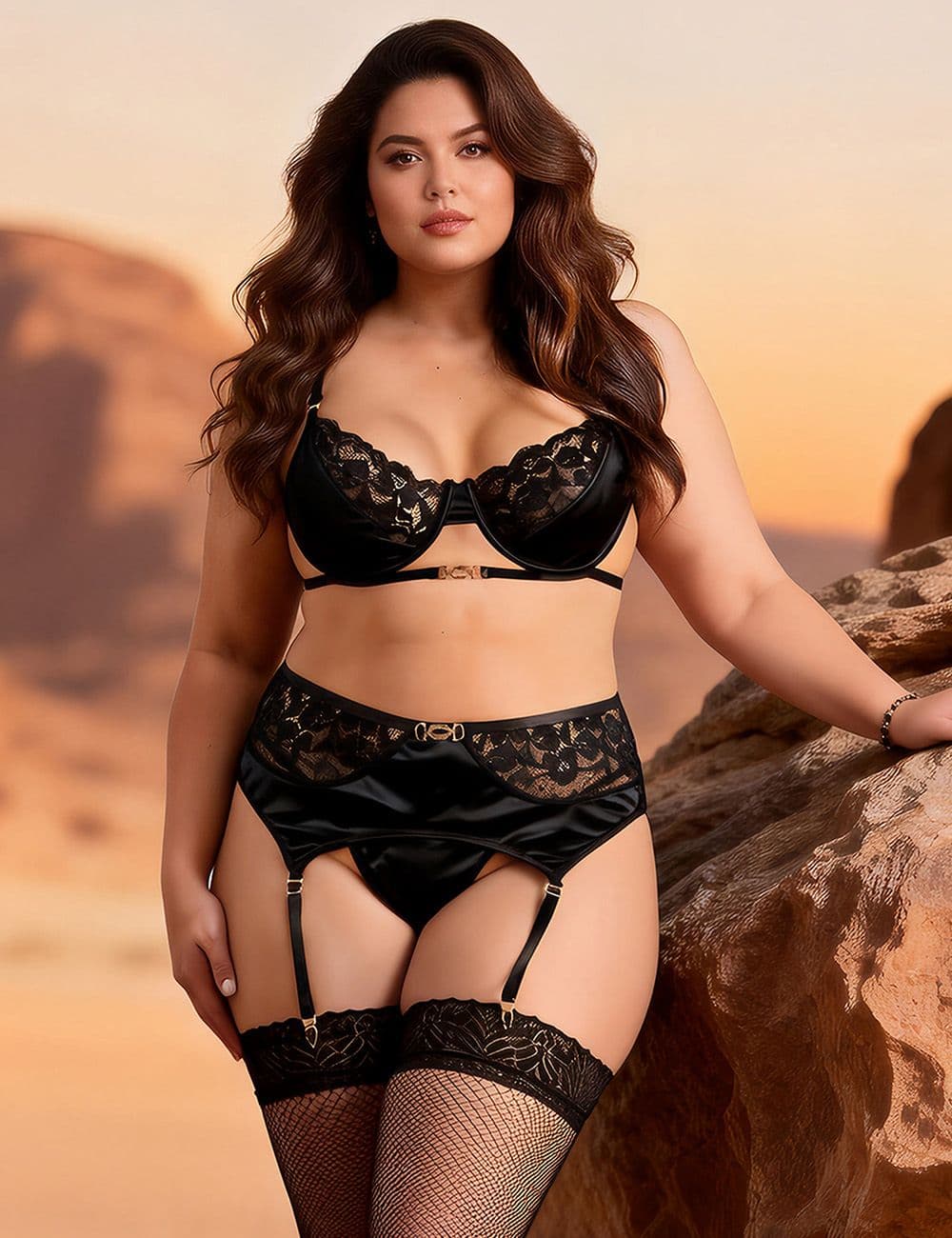 R81035-1 - Ensemble soutien-gorge et culotte porte-jarretelles en dentelle et boucle métallique - Tailles variées